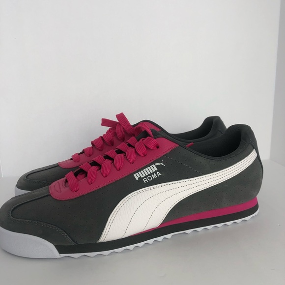 gray and pink puma shoes